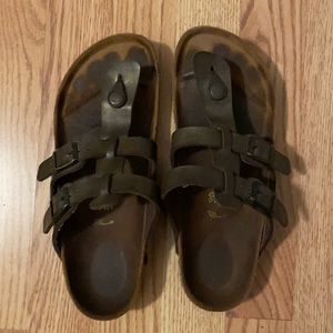 Birkenstock’s with bronze/brown leather straps